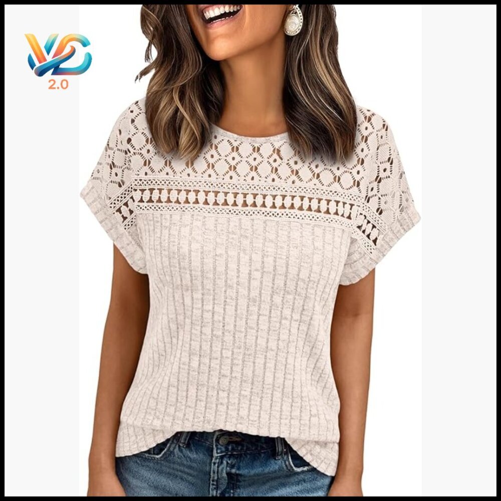 Lace Trim Short Sleeve Tunic Top Loose Fit Lightweight Polyester‎ Rayon Blend